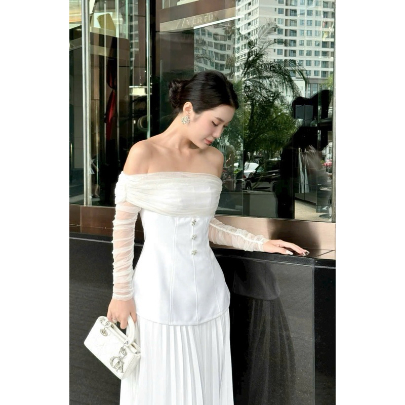 Áo Thiết Kế Trễ Vai Peplum Dự Tiệc Tay Dài Phối Lưới Sang Trọng  -PUSU HOUSE