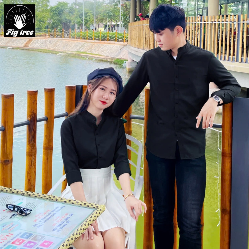Áo Sơ Mi Cặp Nam Nữ Fig Tree, Sơ Mi Cổ Trụ Màu Đen Cá Tính, Hàng Thiết kế ( full size đến 110kg)