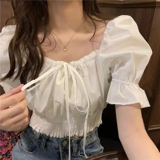 Áo croptop kiểu trễ vai nữ hở vai tay bồng voan trắng xanh VANISA CT065