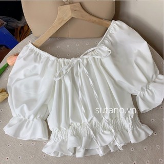 Áo croptop kiểu trễ vai nữ hở vai tay bồng voan trắng xanh VANISA CT065