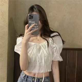 Áo croptop kiểu trễ vai nữ hở vai tay bồng voan trắng xanh VANISA CT065