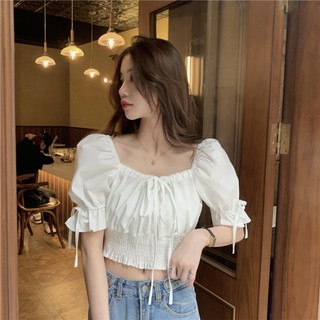 Áo croptop kiểu trễ vai nữ hở vai tay bồng voan trắng xanh VANISA CT065