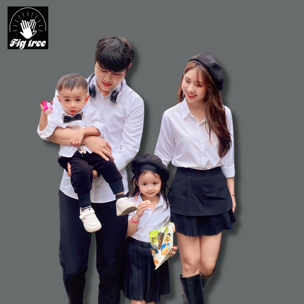 Set Áo Sơ Mi Gia Đình Fig Tree Màu Trắng Cho Gia Đình Đi Tiệc Thời Trang Giản Dị, Full size 8-110kg