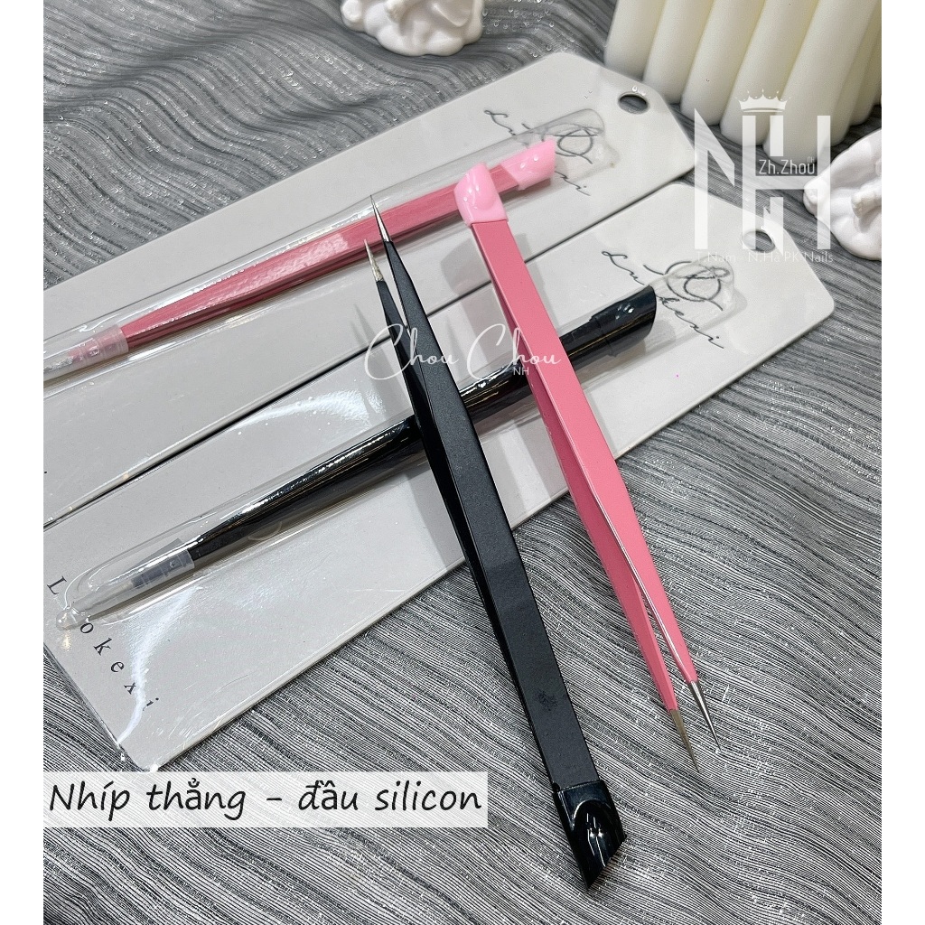 Nhíp Gắp Đá Nail Có Đầu Silicon,nhíp thẳng,  miết sticker
