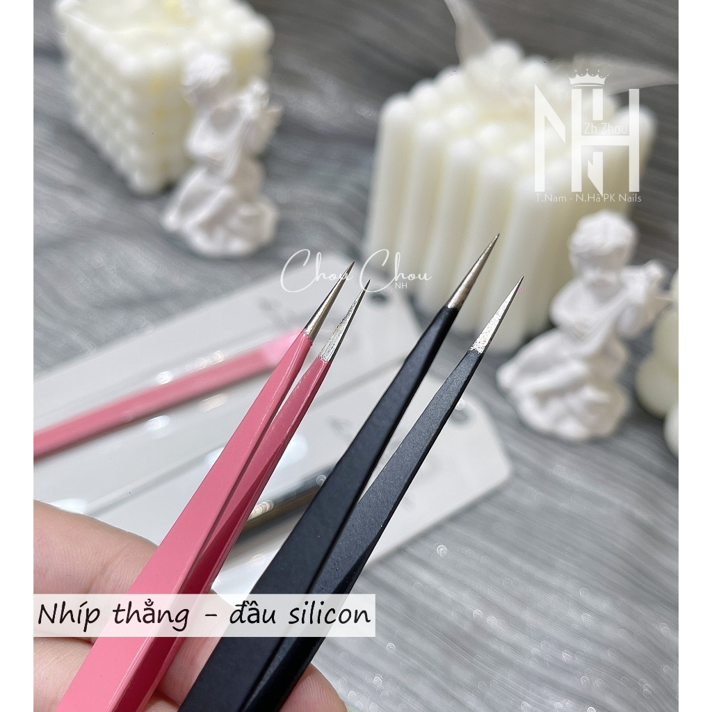 Nhíp Gắp Đá Nail Có Đầu Silicon,nhíp thẳng,  miết sticker