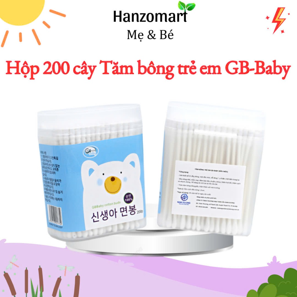 Tăm bông trẻ em trẻ em sơ sinh đầu dẹt và tròn GB-Baby hộp (200 cái) - hanzomart