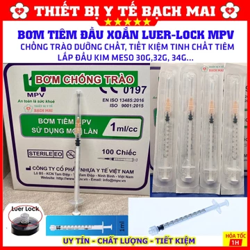 Bơm Tiêm Thẩm Mỹ Đầu Xoắn 1ml MPV Hộp 100 Cái, Lắp Đầu Kim Meso 34G, Chống Trào Dưỡng Chất, Tiết Kiệm Tinh Chất Tiêm