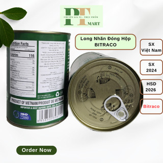 Nhãn lồng ngâm nước đường đóng hộp Bitraco 565gr. Topping trà sữa, trà trái cây, chè nhãn, kem
