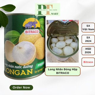 Nhãn lồng ngâm nước đường đóng hộp Bitraco 565gr. Topping trà sữa, trà trái cây, chè nhãn, kem