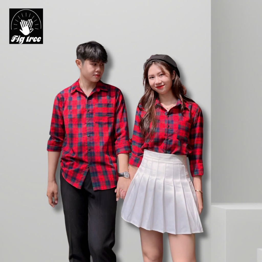 Áo Sơ Mi Đôi Nam Nữ Fig Tree Caro Nỉ Đỏ Couple Thời Trang