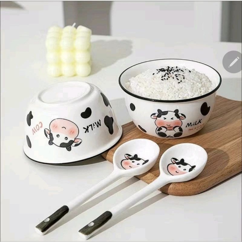 Bộ bát ăn cơm hình bò sữa gốm sứ decor, set bát mặt cười 4 món phong ...