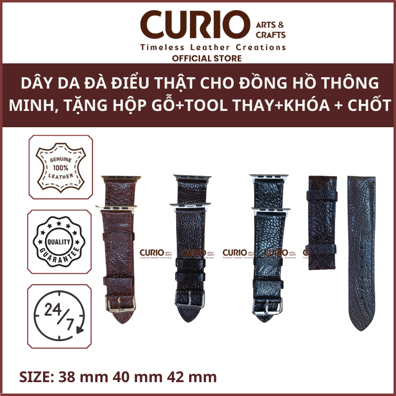Dây đồng hồ thông minh AW da đà điểu cao cấp, tặng hộp gỗ + tool thay + khóa + chốt - CURIO LEATHER
