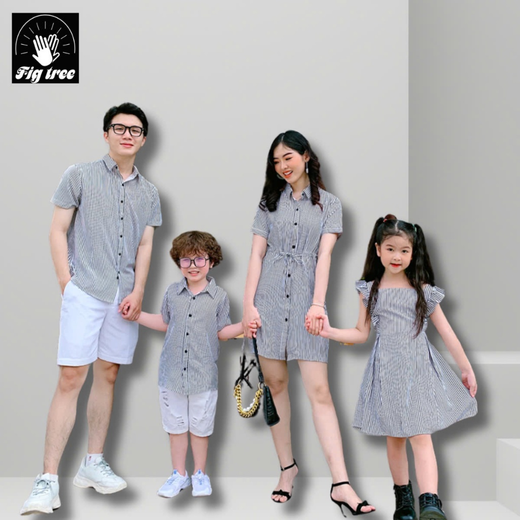 Combo Gia Đình Fig Tree Sọc Trắng Nền Đen Siêu Xinh, Chất cotton Co Giãn, Hàng thiết kế( MS 159)