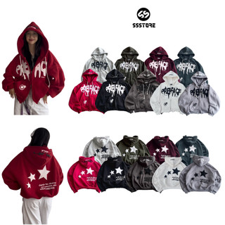 Áo Hoodie Boxy Zip THREE STARS Chât Nỉ Ngoại In Dập Nổi 5D Full Màu Hot Hit Thu Đông Hotheels