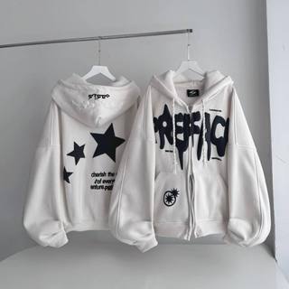 Áo Hoodie Boxy Zip THREE STARS Chât Nỉ Ngoại In Dập Nổi 5D Full Màu Hot Hit Thu Đông Hotheels