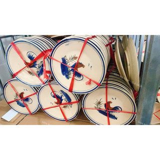 Dĩa Gốm Vẽ Gà Trống Cổ Xưa Size Đại Phẳng Đường Kính 22cm (Dĩa Mét) - Gốm Xưa Lái Thiêu Cho Người Hoài Niệm - Gốm Nam Bộ