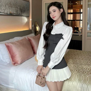 Set Áo Xước Đính Nơ Phối Sơmi Trắng Mix Chân Váy Xếp Ly Trắng (cvay có lót quần)