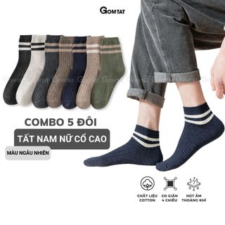Set 5 đôi tất vớ nam nữ cổ cao GOMTAT sọc ngang nhiều màu sắc, chất liệu cotton khử mùi thoáng khí - UYE-7008-CB5
