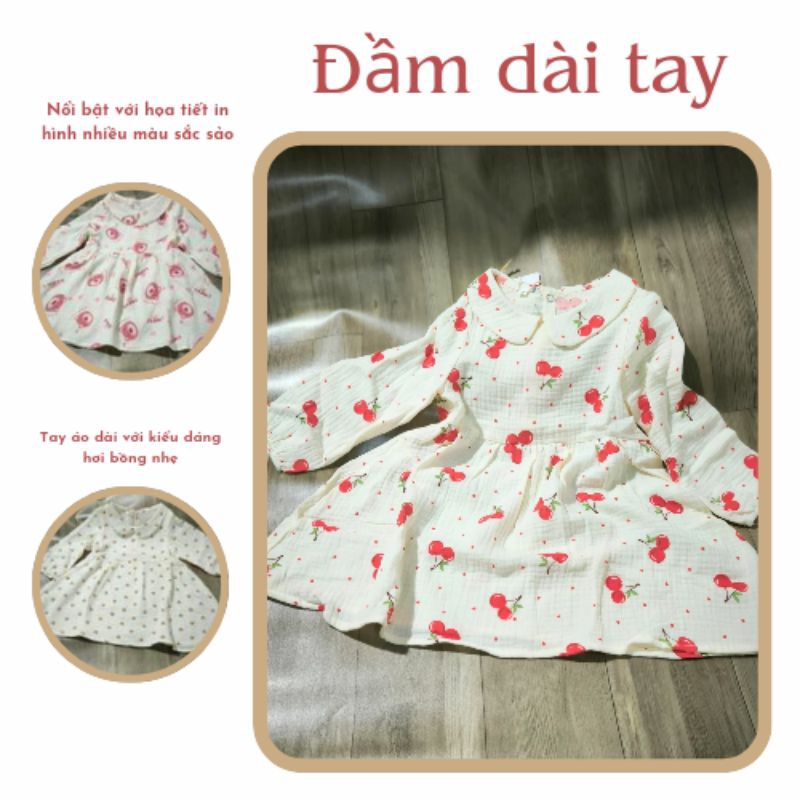 Đầm dài tay muslin mềm mại thoáng mát.
