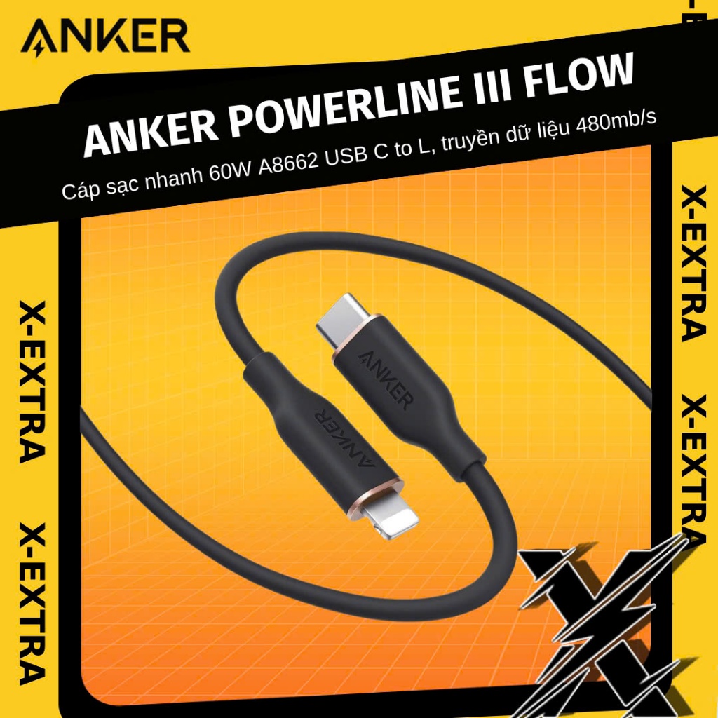 Dây Cáp Sạc Anker A8662 0.9m và A8663 1.8m c to l PowerLine III Flow hổ ...