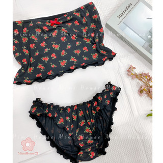 Đồ ngủ áo tube quần bèo chất liệu cotton mềm mịn hoa đen