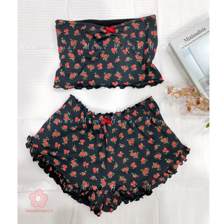 Đồ ngủ áo tube quần bèo chất liệu cotton mềm mịn hoa đen