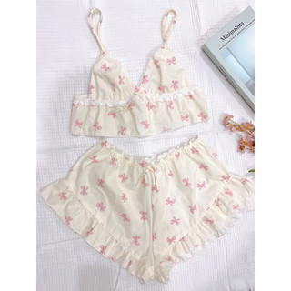Set nội y mặc ngủ chất thô cotton nơ hồng - handmade by Mimi house
