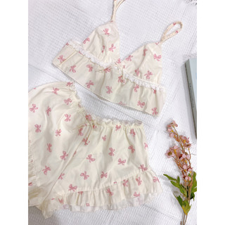 Set nội y mặc ngủ chất thô cotton nơ hồng - handmade by Mimi house
