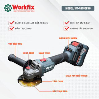 [ HÀNG CHÍNH HÃNG ] Máy Mài Góc WORKFIX WF- AG100PRO, động cơ không chổi than, có điều tốc, Đầu trục M10