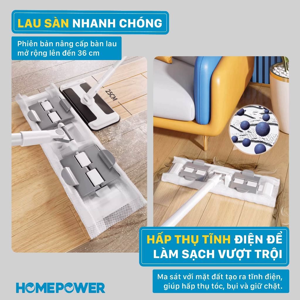 Cây Lau Nhà Kẹp Khăn Thay Thế Bản Nâng Cấp 36cm CS-03 Homepower Dùng Khăn Vải,Khô, Ướt Sử Dụng 1 Lần | BigBuy360 - bigbuy360.vn