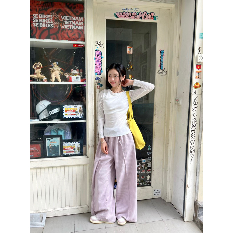 Quần dài linen ống rộng kẻ sọc Remmus cho nữ