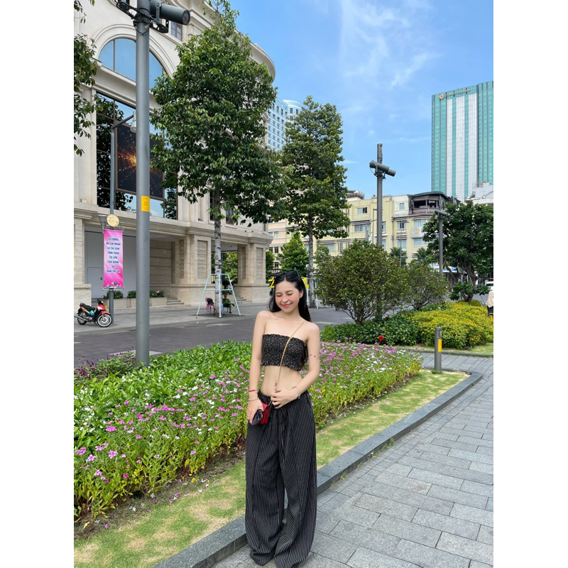 Quần dài linen ống rộng kẻ sọc Remmus cho nữ