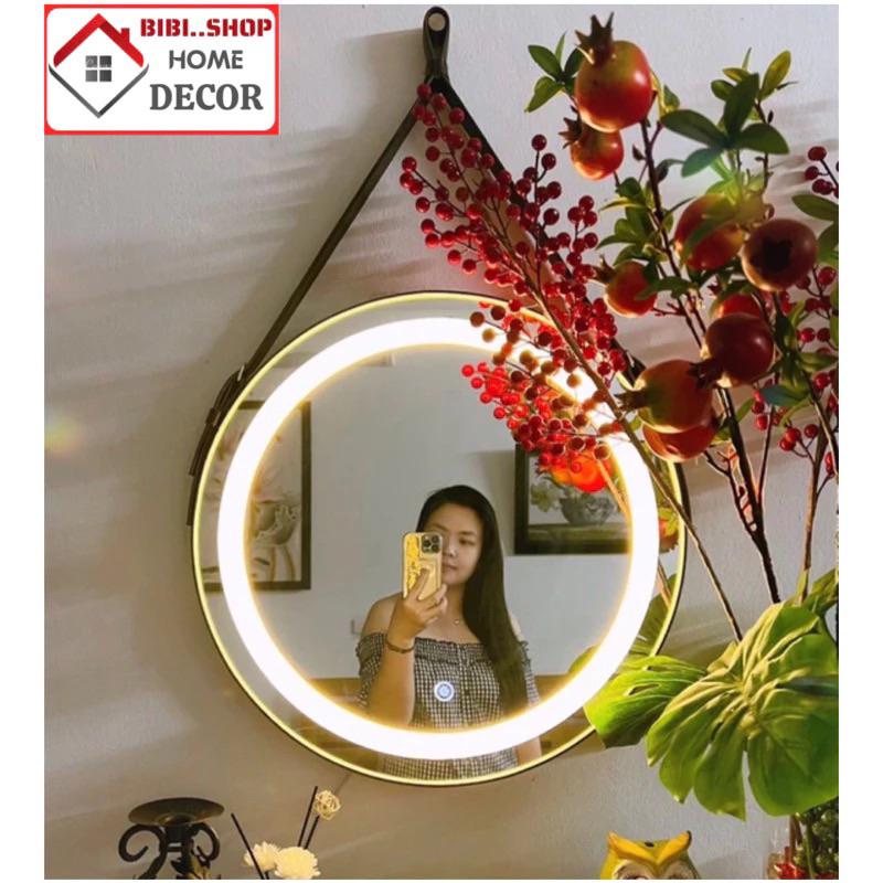 Gương Trang Điểm Treo Tường Viền Da Đèn LED 3 Màu Cảm Ứng Cao Cấp