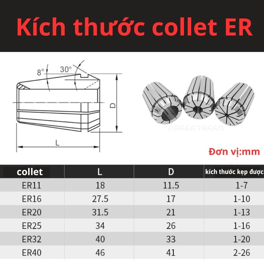 Collet ER32 Dung sai 0.003 - 0.005hàng Đài Loan dùng kẹp dao phay phù hợp gia công độ chính xác cao.