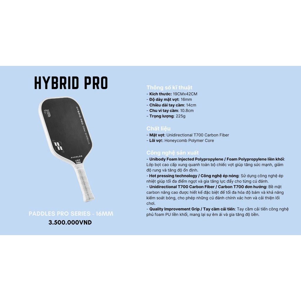 ✅  [Ship Hoả Tốc] Vợt Pickleball Facolos Hybrid Pro Series chính hãng, mạnh mẽ, powerful