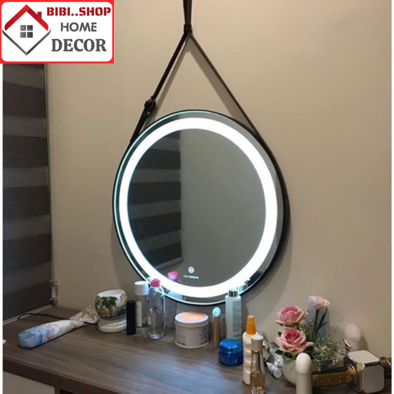Gương Nhà Tắm Treo Tường Tròn Viền Da Đèn LED 3 Màu Cao Cấp