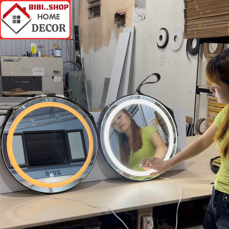 Gương LED Tròn Viền Da 3 Chế Độ Màu - Gương Decor Phòng Ngủ, Phòng Tắm