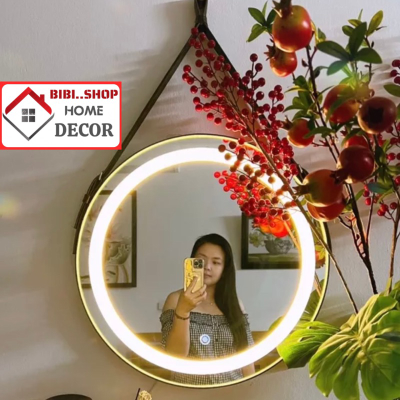 Gương Nhà Tắm Treo Tường Tròn Viền Da Đèn LED 3 Màu Cao Cấp