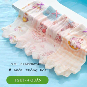 Combo 4 quần chíp bé gái, quần lót bé gái lưới mềm cao cấp họa tiết thỏ xanh cute 12-48kg