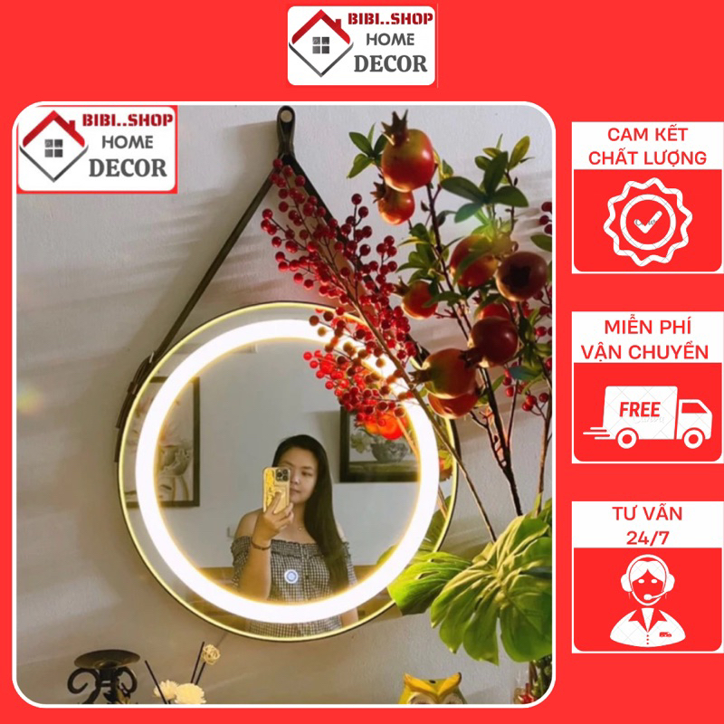 Gương Nhà Tắm Treo Tường Tròn Viền Da Đèn LED 3 Màu Cao Cấp
