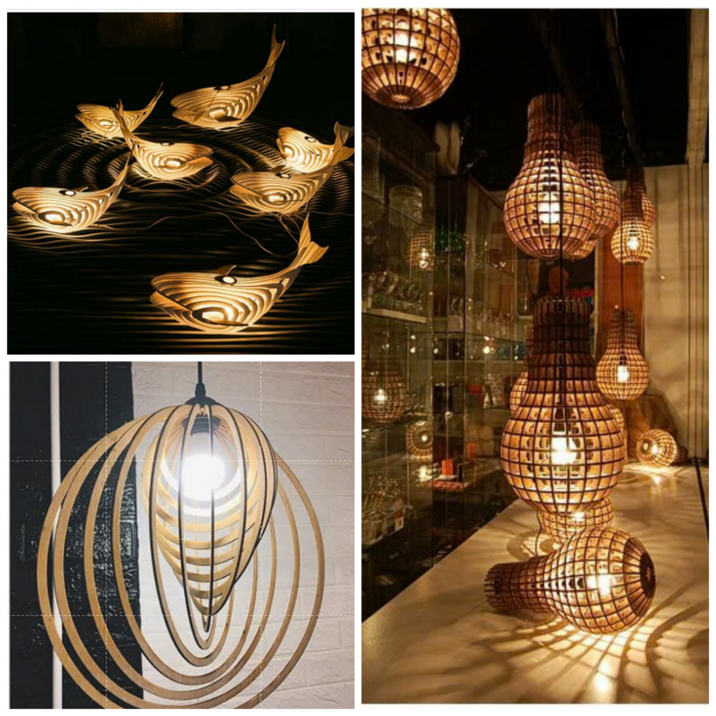 Combo 5 chiếc Đèn gỗ treo trần trang trí, đèn gỗ lá thường xuân, đèn gỗ ...