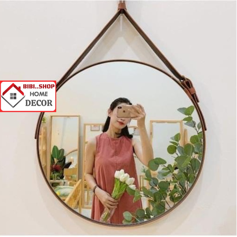 Gương đèn led treo tường viền da simili nhiều màu sắc, Gương treo tường đèn led cảm ứng phong cách hiện đại