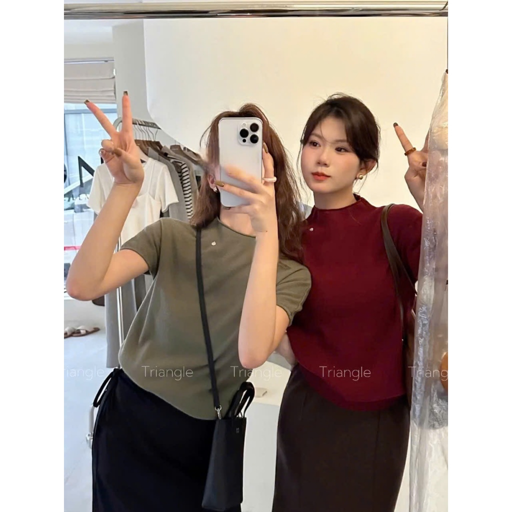 Triangle - Bsic Knit (Giá thanh lý, không hoàn hàng) Áo len dệt kim ngắn tay cổ đứng nhẹ nhàng