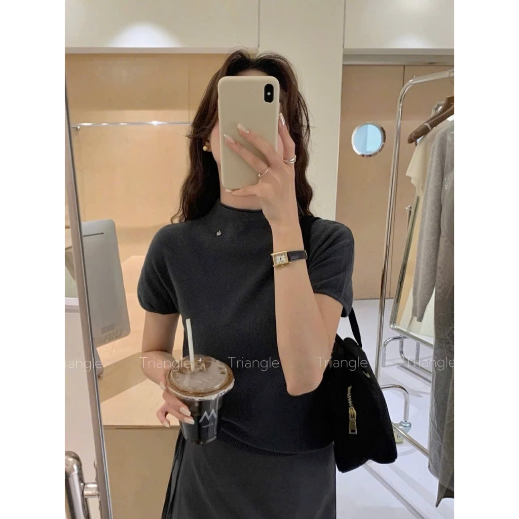 Triangle - Bsic Knit (Giá thanh lý, không hoàn hàng) Áo len dệt kim ngắn tay cổ đứng nhẹ nhàng