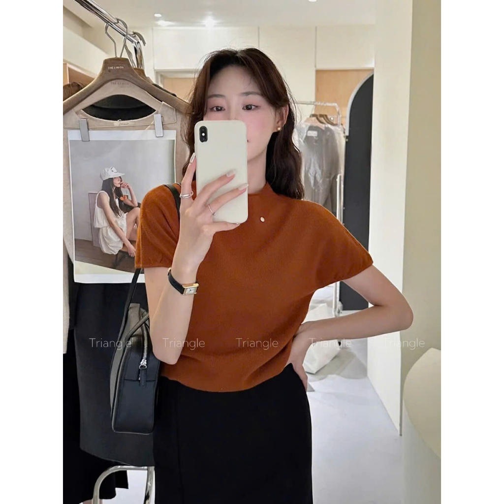 Triangle - Bsic Knit (Giá thanh lý, không hoàn hàng) Áo len dệt kim ngắn tay cổ đứng nhẹ nhàng