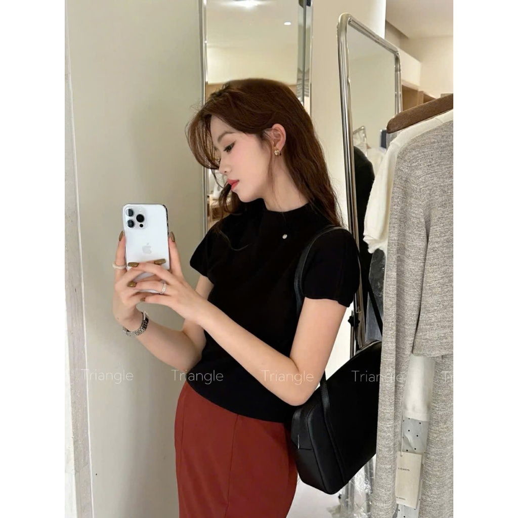 Triangle - Bsic Knit (Giá thanh lý, không hoàn hàng) Áo len dệt kim ngắn tay cổ đứng nhẹ nhàng