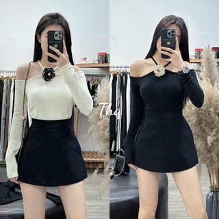 Áo Thun Tăm Hàn Nữ Trễ Vai CỔ HOA TRÀ NEW ÔM