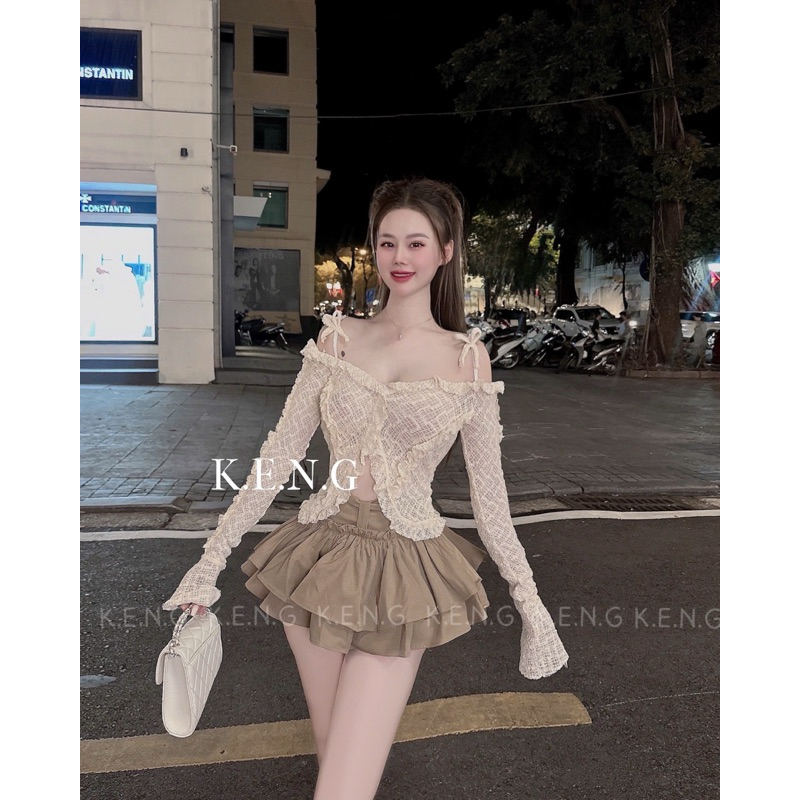 Set áo ren bánh bèo tiểu thư chân váy tầng có lót quần
