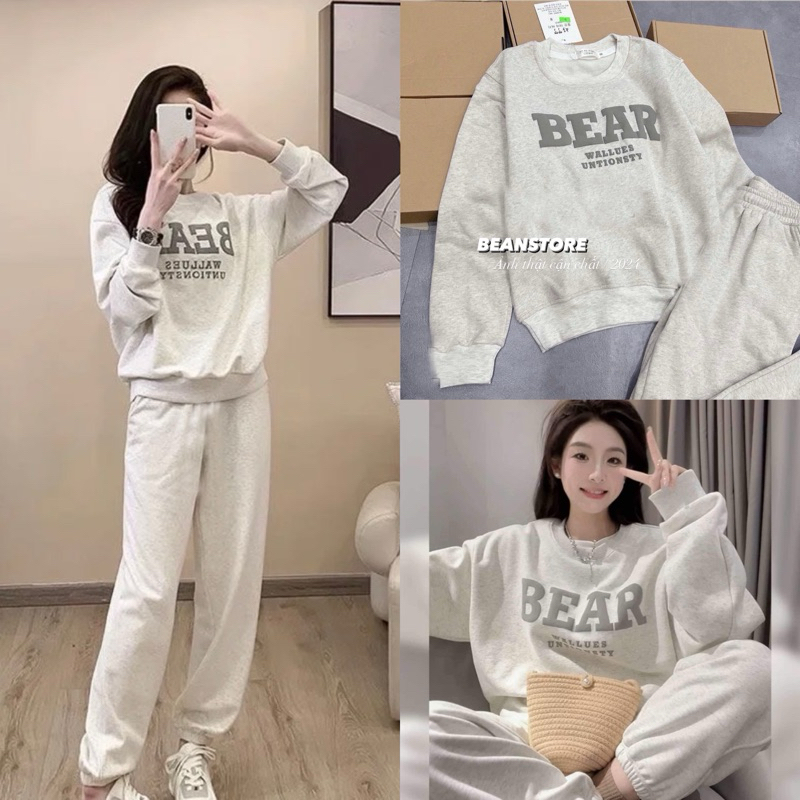 Set Bộ Nỉ Nữ BEAR Áo Sweater Nỉ Bông kèm Quần Jogger Unisex màu Xám Tàn ...