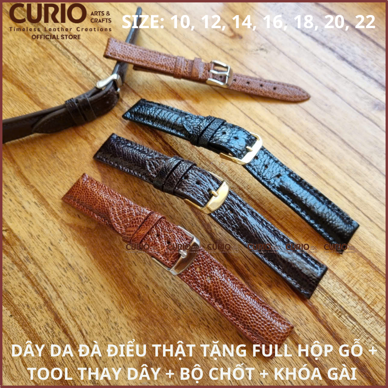 Dây đồng hồ da đà điểu thật kèm hộp gỗ, tool thay dây, bộ khóa, chốt - BH 1 năm - WSDD CURIO LEATHER